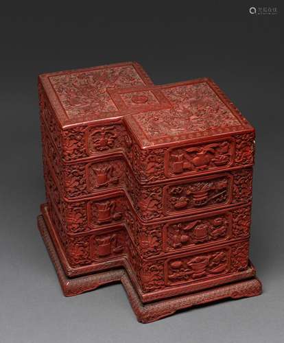 A RARE AND IMPORTANT CHINESE CINNABAR LACQUER CARVED THREE-T...