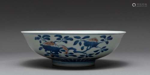 A RARE CHINESE BLUE AND WHITE AND COPPER RED "SANDUO&qu...