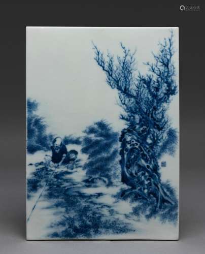 A CHINESE BLUE AND WHITE PORCELAIN PLAQUE, SIGNATURE OF WANG...