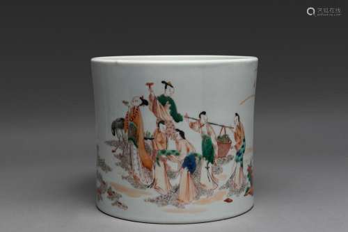 A CHINESE FAMILLE-ROSE AND IRON RED DECORATED BRUSH POT, KAN...