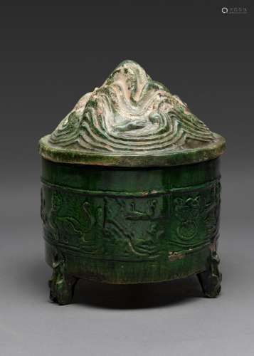 A CHINESE GREEN GLAZED CENSOR AND COVER, HAN DYNASTY (202 BC...