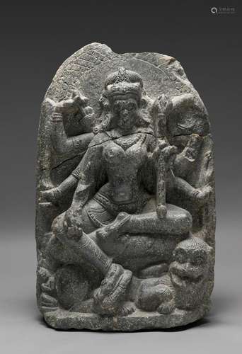 AN INDIAN STONE CARVED SEATED DEITY OF DURGA BIHAR, PALA PER...