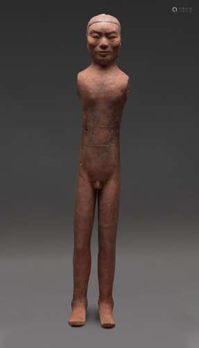 A CHINESE POTTERY STICK FIGURE, HAN DYNASTY (202BC-220AD)