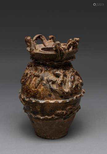 A RARE CHINESE BROWN GLAZED DRAGON VASE, TANG DYNASTY (618-9...