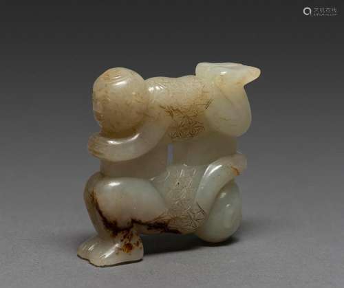 A CHINESE PALE WHITE JADE CARVED DOUBLE BOY PENDANT, MING-QI...