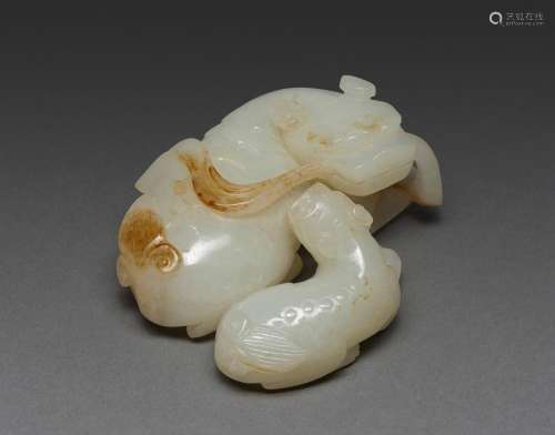 A CHINESE WHITE JADE CARVED LION AND CUB, QING DYNASTY (1644...