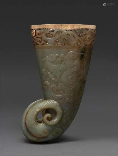A CHINESE ARCHAISTIC CELADON JADE CARVED LIBATION CUP, QING ...