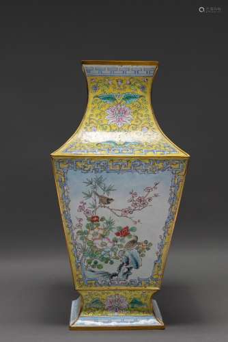 A CHINESE LARGE CANTON ENAMEL ON COPPER SQUARE VASE FANGHU, ...