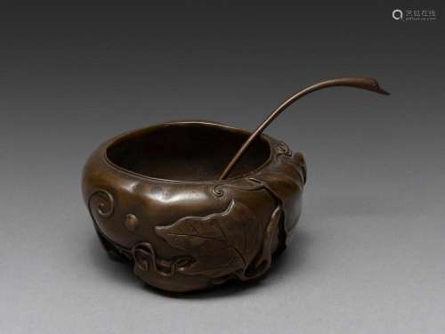 A CHINESE BRONZE WATER DROPPER AND A GOOSE SHAPED SPOON, 19T...