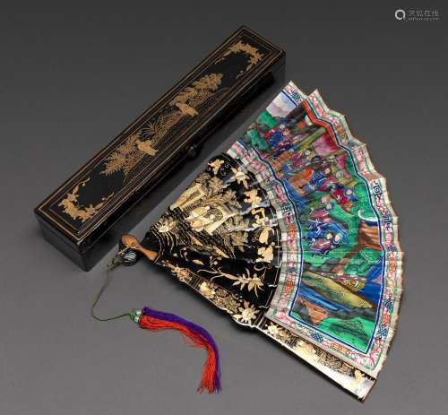 A CHINESE EXPORT LACQUER FAN, 19TH-EARLY 20TH CENTURY