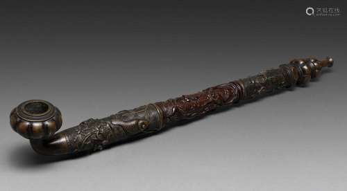 A RARE AND LARGE CHINESE BRONZE AND WOOD CARVED OPIUM PIPE, ...