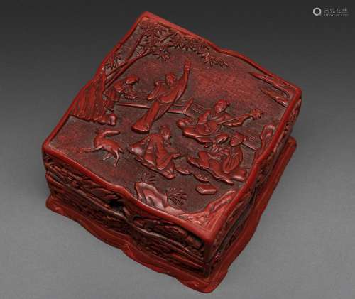 A RARE CHINESE CARVED RAD LACQUER BOX AND COVER, YUAN-MING D...