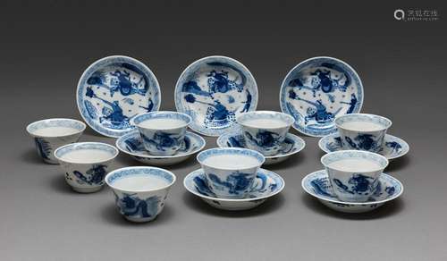 A SET OF EIGHT CHINESE BLUE AND WHITE CUPS AND SAUCERS, KANG...