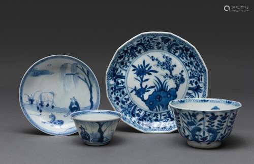 TWO BLUE AND WHITE CUPS AND SAUCERS, KANGXI PERIOD (1662-172...