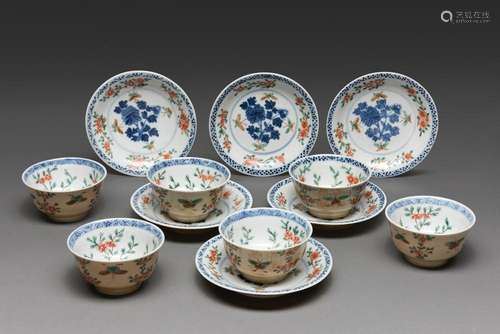 A SET OF SIX CHINESE FAMILLE-ROSE AND CAFE-AU-LAIT GROUND CU...