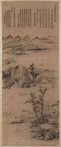 A CHINESE SCROLL OF A MOUNTAIN LANDSCAPE, ATTRIBUTED TO NI Y...