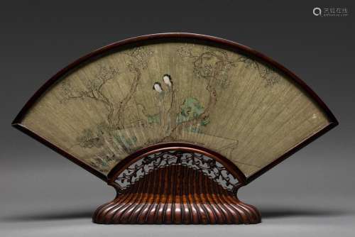 A FRAMED CHINESE FAN PAINTING BY YUEQIN, QING DYNASTY (1644-...