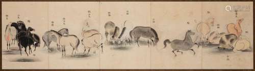 ANONYMOUS, FRAMED JAPANESE PAINTING OF HORSES, EARLY 20TH CE...