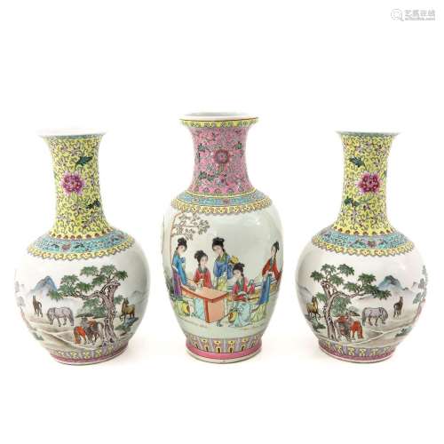 A Collection of 3 Famille Rose Vases
