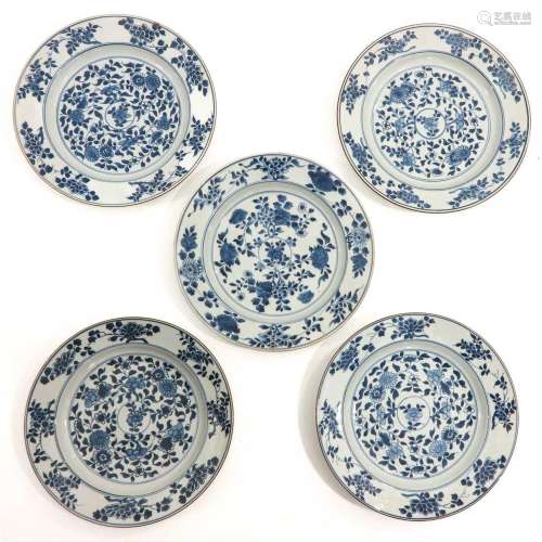 A Collection of 5 Blue and White Plates