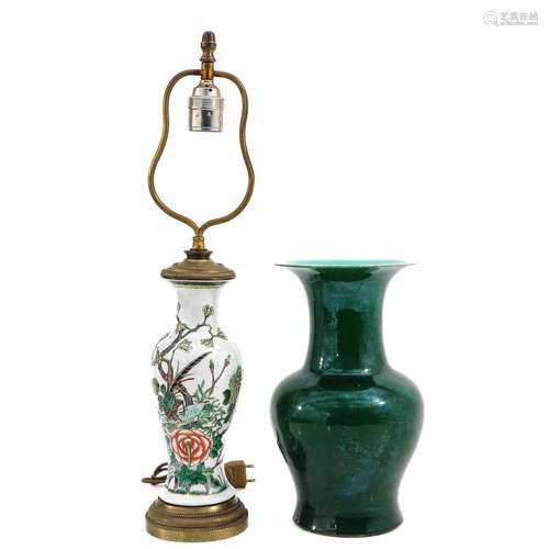 A Green Glaze Vase and Famille Verte Lamp