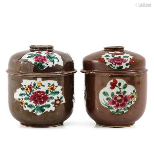 A Pair of Batavianware Jars with Covers