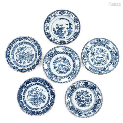 A Collection of 6 Blue and White Plates