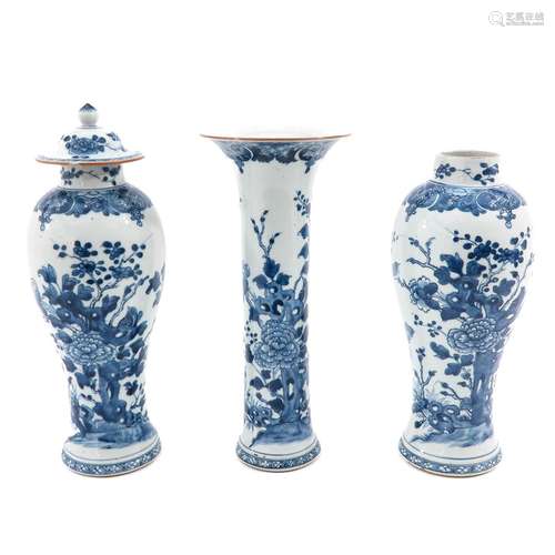 A Collection of 3 Blue and White Vases