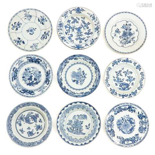 A Collection of 9 Blue and White Plates