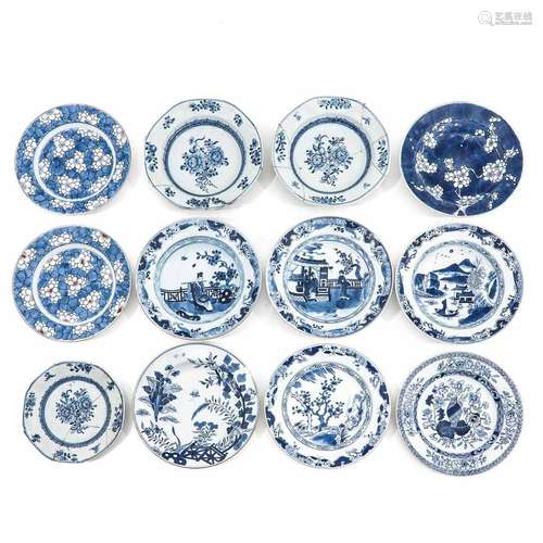 A Collection of 12 Blue and White Plates