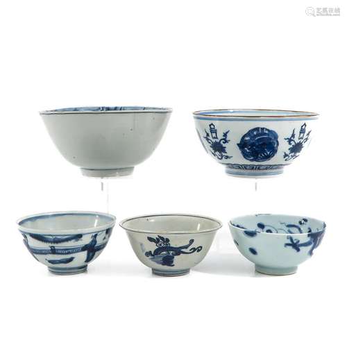 A Collection of 5 Blue and White Bowls