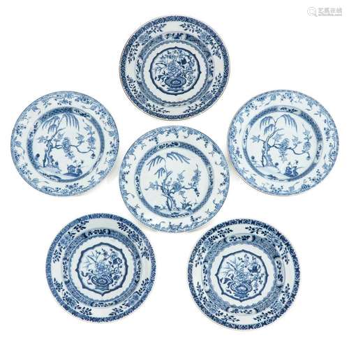 A Collection of 6 Blue and White Plates