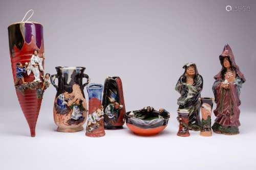 A COLLECTION OF NINE JAPANESE SUMIDA WARE ITEMS MEIJI AND TA...