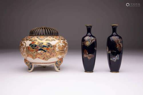 A JAPANESE GOSU SATSUMA KORO AND TWO CLOISONNE VASES MEIJI E...