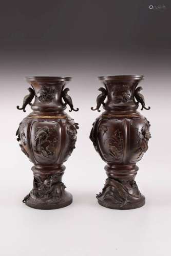 A PAIR OF MASSIVE JAPANESE PARCEL-GILT BRONZE VASES BY HASHI...