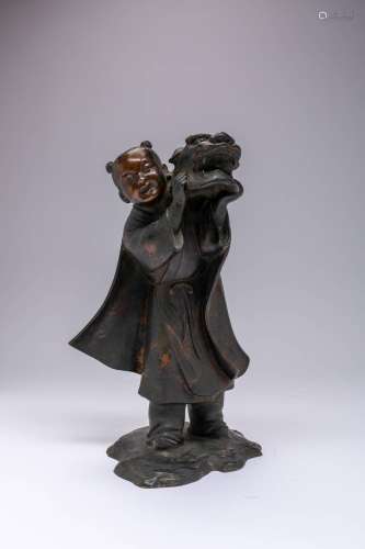 A TALL JAPANESE BRONZE OKIMONO OF A BOY MEIJI ERA, 19TH OR 2...