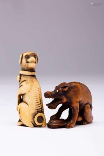 A JAPANESE STAG ANTLER NETSUKE OF A DOG EDO PERIOD, 18TH OR ...