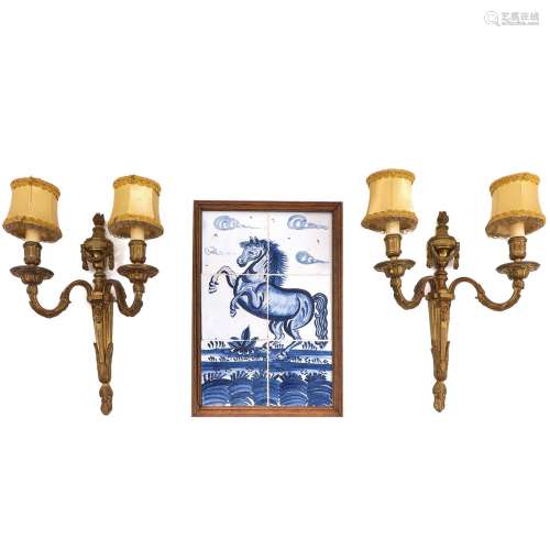 A Pair of Wall Sconces and Tile Tableau