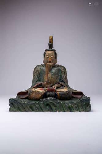 A JAPANESE LACQUERED WOOD CARVING OF TENJIN EDO OR MEIJI PER...