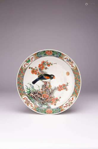 A FINE AND RARE CHINESE FAMILLE VERTE `BIRD AND FLOWER` DISH...