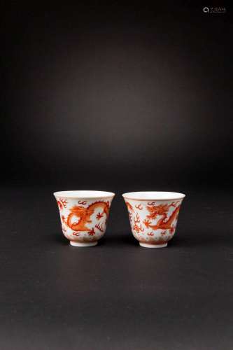 A PAIR OF CHINESE IMPERIAL IRON-RED `DRAGON` WINE CUPS SIX C...