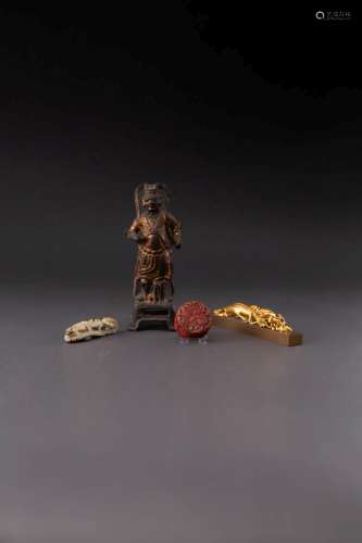 A CHINESE GILT AND LACQUERED BRONZE FIGURE AND THREE OTHER I...