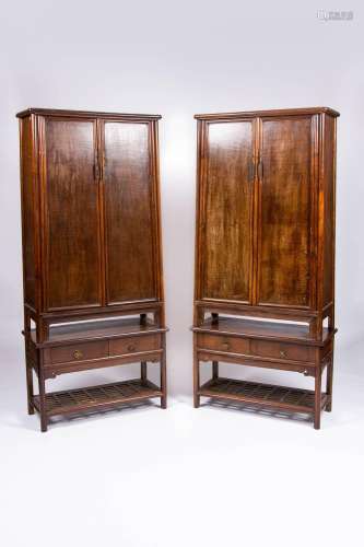 A PAIR OF CHINESE JICHIMU ROUND-CORNER CABINETS ON STANDS, Y...