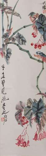 GUO DAWEI (1919- 2003) OWL AND FLOWER Two Chinese hanging sc...