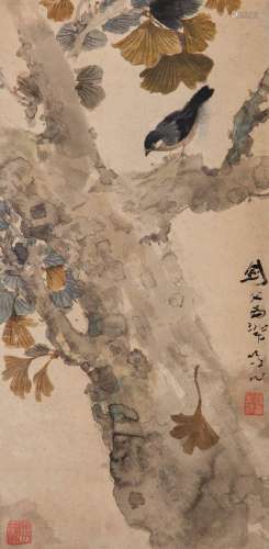 GAO JIANFU (1879-1951) BLUE FLYCATCHER AND GINKGO A Chinese ...