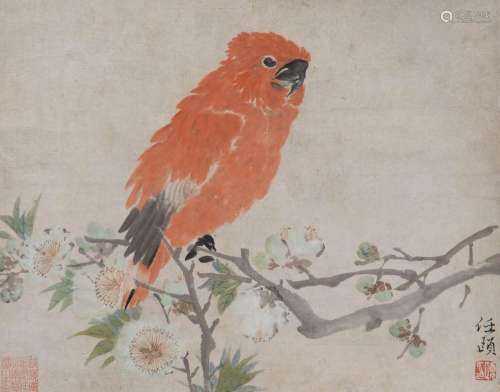 REN YI (1840-1895) PARROT AND PEACH BLOSSOM A Chinese scroll...