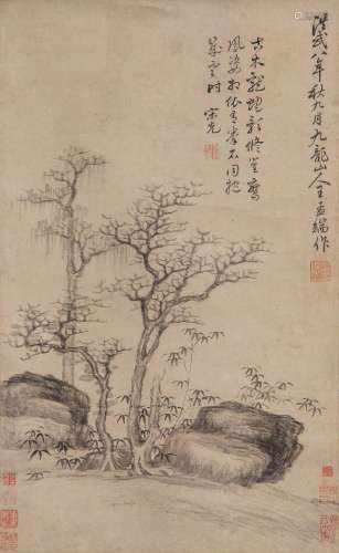 AFTER WANG FU (19TH CENTURY) PINE AND ROCK A Chinese scroll ...