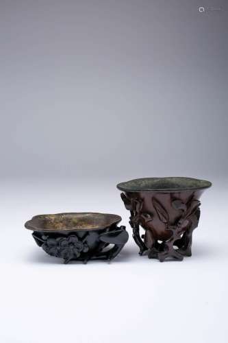TWO CHINESE HARDWOOD LIBATION CUPS QING DYNASTY One in zitan...
