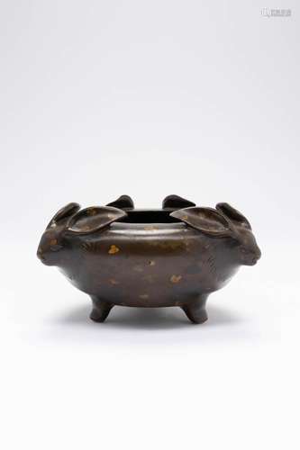 A CHINESE GOLD-SPLASHED BRONZE `BATS` TRIPOD INCENSE BURNER ...