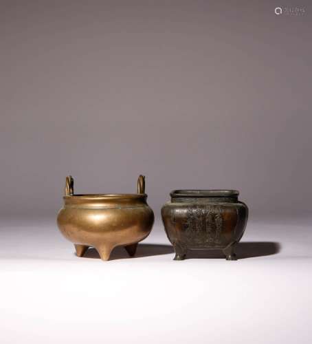 TWO CHINESE BRONZE INCENSE BURNERS QING DYNASTY One raised o...